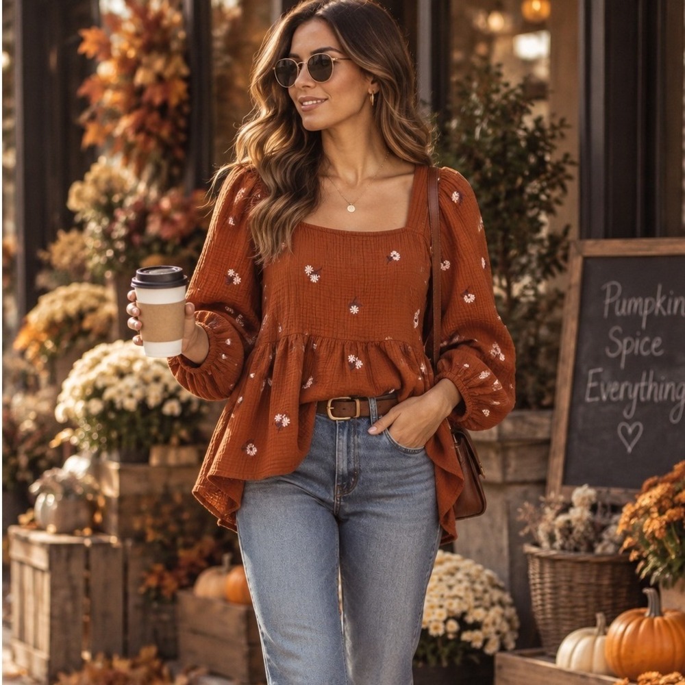 Madewell Lightspun Embroidered Peplum Cotton Gauze Top Rust Orange  Large #411